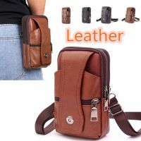 Men Leather Belt Waist Bag Multi-Layer Buckle Mobile Phone Key Storage Shoulder Pouch Wear-Resistant Business Crossbody Pack