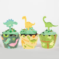 24Pcs ไดโนเสาร์วันเกิดตกแต่ง Cupcake Wrappers Toppers Jungle Safari เด็กสัตว์ขนมเค้กตกแต่งเค้ก Toppers