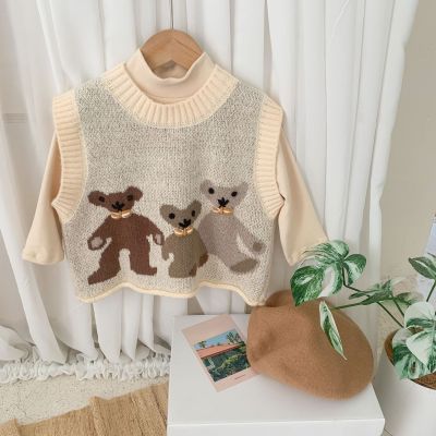 （Good baby store） 2022 New Baby Kids Fashion College Style Warm Cartoon Tops Waistcoat Children  39;s Knitted Sweater Vest For Boys Girls