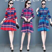 ۞ Dress long sleeves lapels plaid mid-length A-line dress