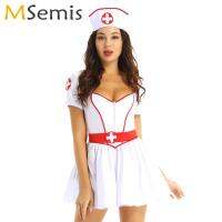 Women Naughty Cosplay Uniform Halloween Fantasias Role Play Costume Clubwear Sexy Red Cross Logo Mini Slutty Dress With Headband