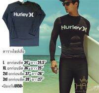 เสื้อว่ายน้ำแขนยาวกันแดดกันUV50+สีดำคุมโทนสกรีนตกแต่งสีขาวHURLEY