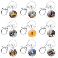 Keychains Handmade Glass Cabochon Alloys Key Rings Pendants Trinkets Funny Gift Creative Cartoon New York City Times Square Taxi