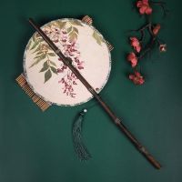 ❂✽♙  Antique printing waist fan hanfu round fan Chinese wind zizhu long-handled tassel flexible folding fan classical hang waist fan