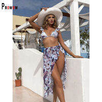 Prowow Women Vacation Beach Outfits Flower Print Bikinis Set Mesh Cover-ups Skirt Three Piece Bathing Suits Summer Lady Swimsuit