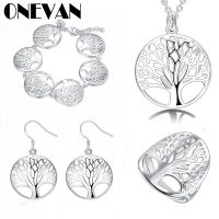 4PC/set Tree of Life Lucky Elegant Silver Color Pendant Necklace/Earrings/Bracelet/Ring Jewelry Set for Women Wedding Engagement