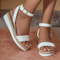 สีขาวสายรัดข้อเท้า Wedge รองเท้าแตะผู้หญิง R Patchwork แพลตฟอร์มโรมัน Sandles ผู้หญิงฤดูร้อนหัวเข็มขัด Espadrilles รองเท้า Super ขนาด43 ~