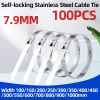 100PCS 304 Stainless Steel Metal Cable Tie 7.9 Width 100-1000mm Multi-Purpose Locking Ties Wires Zip Strong Drawstring Straps Cable Management