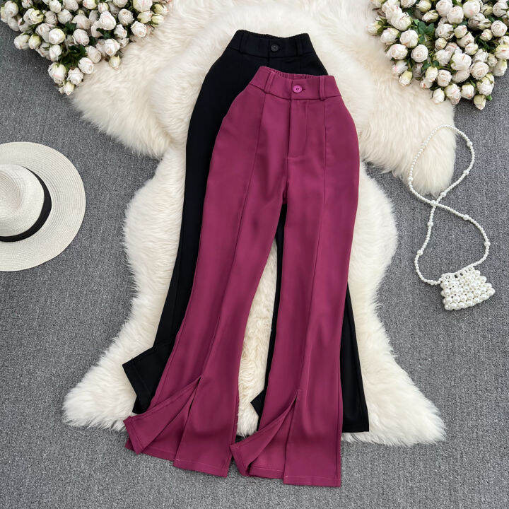 Women Shiny PVC Leather Straight Leg Pants High Waist Faux Patent