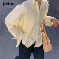 Jielur Fashion Tops Womens Shirt Chic Turn-down Collar Shirt Long Sleeve Yellow White Pink Blue Blouse Hipster Korean Spring