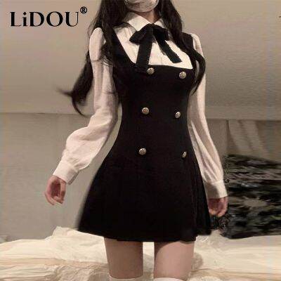 【CW】✴☸✟  Fake Piece Bow Patchwork Ladies Sleeve Dresses Female Fashion Robe Vestidos