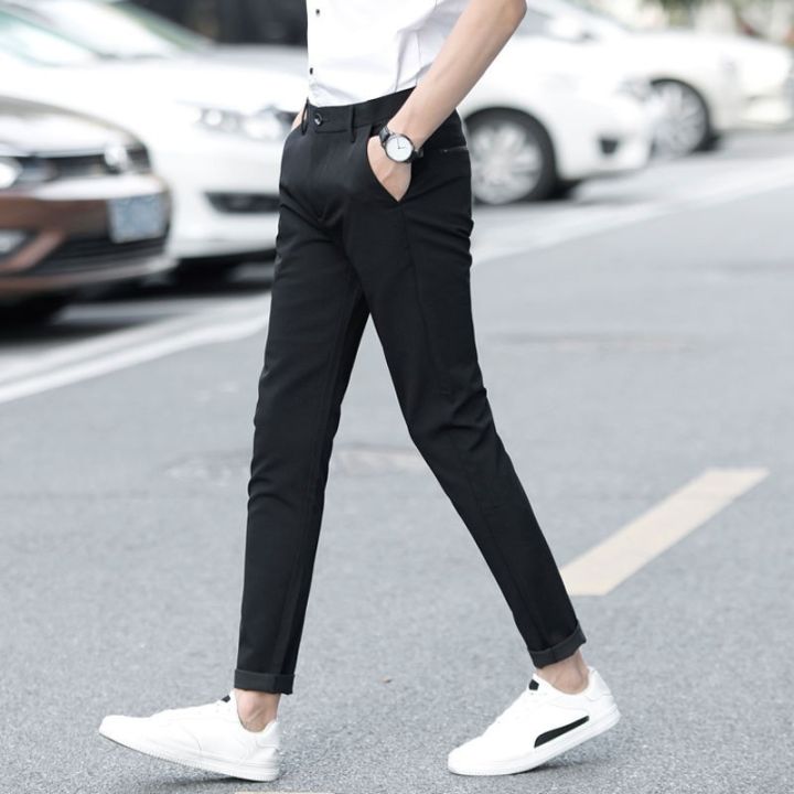 codff51906at-summer-trousers-men-s-slim-fit-feet-stretch-work-casual-pants-korean-style-trendy-black-nine-point-suit-celana-musim-panas-lelaki-kaki-licin-melekat-kerja-celana-biasa-gaya-korea-pakaian-