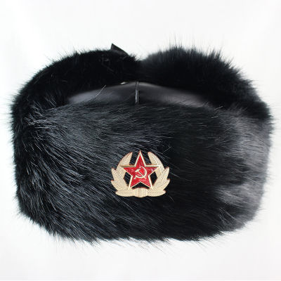 CAMOLAND PU Leather Winter Hats For Women Men Warm Bomber Hat Faux Fur Earflap Caps Male Soviet Army Military Badge Russia Hats
