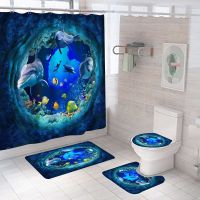 【Bathroom sale】ม่านอาบน้ำน่ารักสีฟ้าพร้อมพรมปูพื้นกันลื่นห้องอาบน้ำ CurtainsPolyester180x180