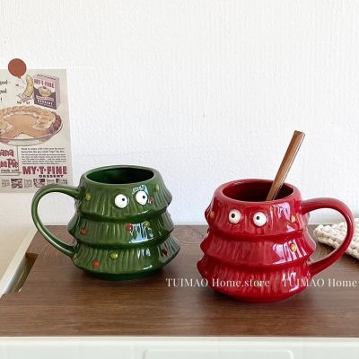 Smart small eyes Christmas tree shape ceramic mug cute couple water cup creative coffee cup Christmas gift 【Boutique】▧❆✽