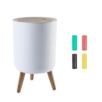 Household with Lid Press Trash Can Living Room Bathroom Kitchen High-Foot Wood Grain Trash Can with Trash Bags