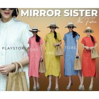 ป้าย Mirrorsister เดรสคอจีนตัวยาว ทรงเรียบ กระดุมผ่าหน้าเปิดปิดได้หมด