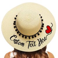 Custom Embroidery Text Logo Your Name Women Straw Hat Sun Hats High Quality Black Pompon Large Brim Beach Hat Bridal Party Gifts