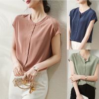 COD dhdfxcz Imitation Silk Short-sleeved Shirt Fashion Round Neck Blouse Women