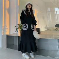 WAKUTA Sweet Cool Daisy Peter Pan Neck Long Dress Korean Style Autumn Pockets Contrast Color Sweatshirt Dresses Loose Casual