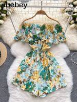 ชายหาดเฉือนคอดอกไม้ Jumpsuits กางเกงขาสั้นลําลองฤดูร้อนผู้หญิงโดยรวม Ruffles Playsuits 2023 เซ็กซี่ Ruffles Playsuit Off ไหล่▬