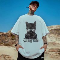 Vintage Cotton Men Tshirt Summer Clothing Anime Pug Print Tops Hip Hop Streetwear Rap Tees Loose Oversize Short Sleeve