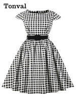 KKTonval 4XL Vintage Pinup Clothes For Women Cap Sleeve Black And White Plaid R Pleated 50S Rockabilly Long Dressesq11