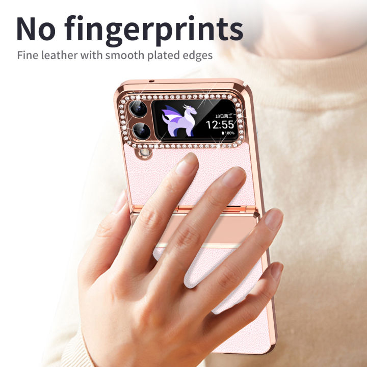 fashion2023electroplating-ผิวธรรมดาเคสศัพท์สำหรับ-samsung-galaxy-z-flip-4-3-flip4-flip3-5g-บานพับป้องกัน-anti-drop-cover