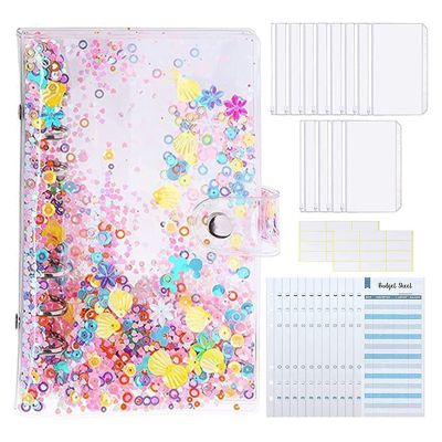 49Pcs A6 Budget Binder Notebook Cash Organizer with 12 Clear Zipper Cash Envelopes 12 Budget Sheets 24 Stickers