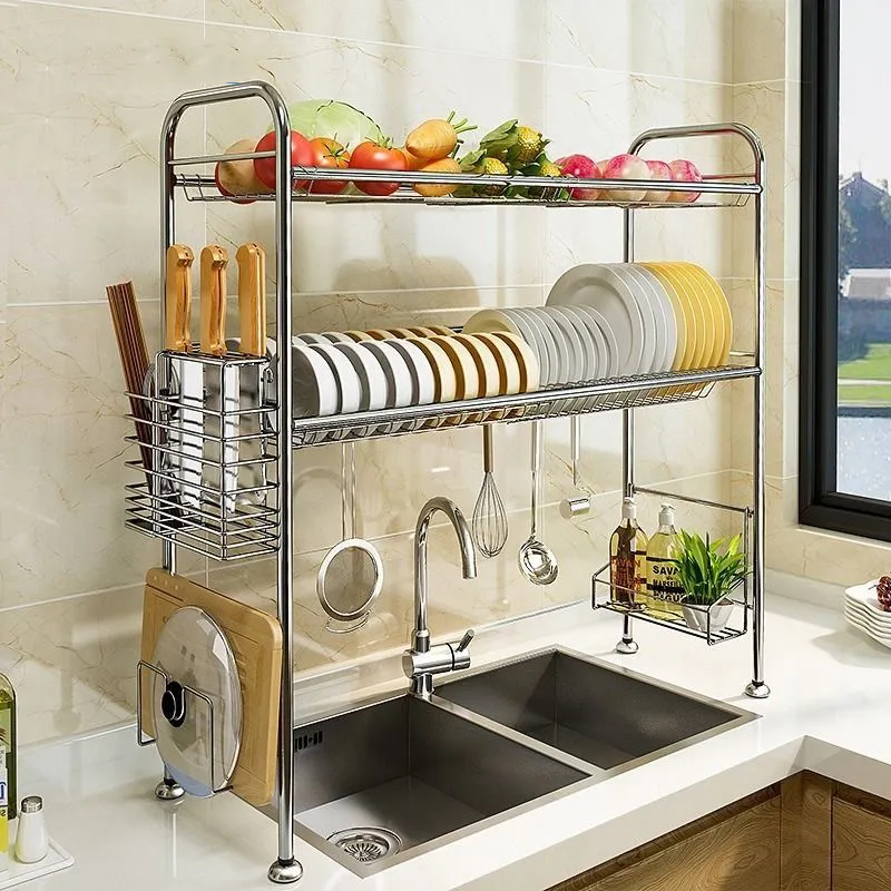 New simple stainless steel double-layer kitchen dish rack 90cm