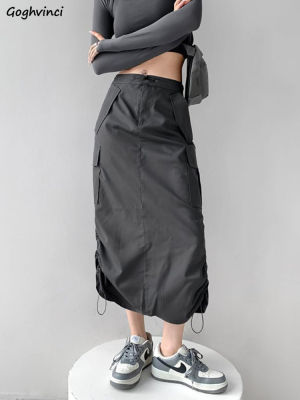 Y2k Midi Skirts Women Cargo Hipster Harajuku Vintage Loose Hot Girls Fashion Ins Ulzzang Chic Streetwear Back-slit Drawstring