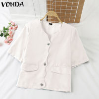 (จัดส่งฟรี)Fancystyle VONDA ชุดผู้หญิงแขนสั้นติดกระดุมเสื้อสูทแฟชั่นลำลองเสื้อกันหนาวถักสีทึบ #2