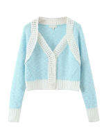 YENKYE ฤดูใบไม้ร่วงผู้หญิง R Sky Blue Spliced สีขาว Hollow Out ถัก Cropped Cardigan แขนยาว V คอเสื้อกันหนาวหญิง