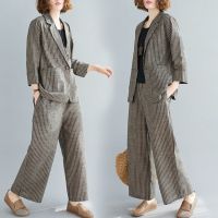 【DT】hot！ summer new style literary leisure linen striped one-button suit wide-leg temperament fashion set women