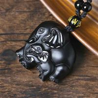 Natural Black Obsidian Elephant Pendant Beads Necklace Fashion Charm Jewellery Hand-Carved Amulet Gifts for Her Women Men