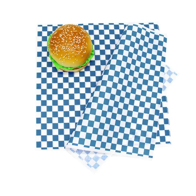 Food Disposable Packaging Wax Paper Hamburger Bread Paper Black Red  Checkered Fast Food Basket Liners 24pcs 12''x12