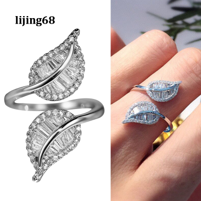 Lijing หรูหราใบปรับเปิดแหวนสำหรับผู้หญิงสีเงินเจ้าสาวแหวนแต่งงานคริสตัล Cubic Z Irconia เครื่องประดับแฟชั่น
