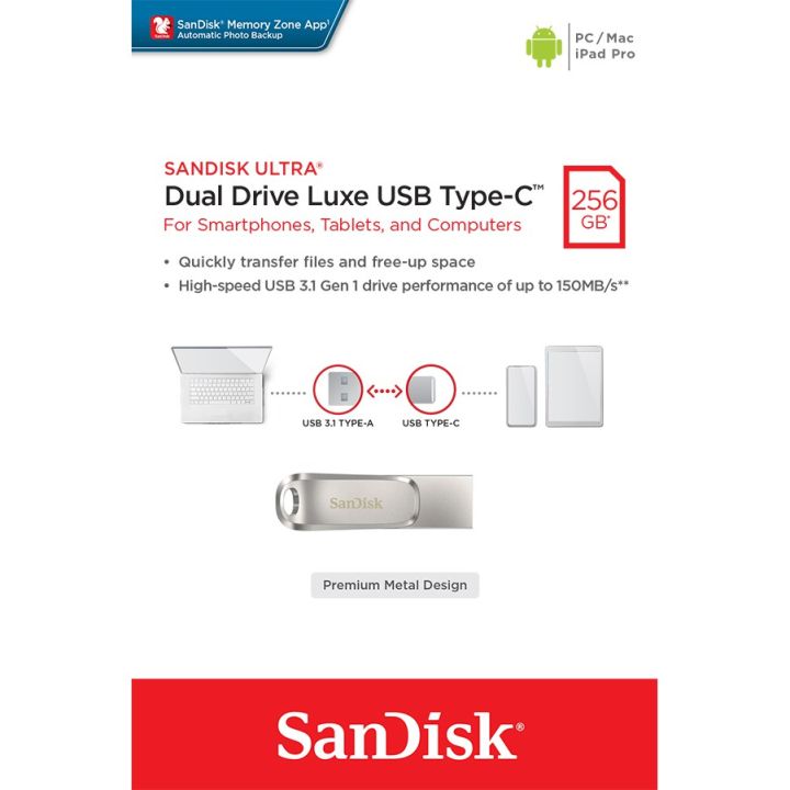 sandisk-ultra-dual-drive-luxe-usb-type-c-256gb-sdddc4-256g-g46-แฟลชไดรฟ์-ไดร์ฟ-otg-สำหรับ-โทรศัพท์-แทปเลท-tablet-ipad-pro-รับประกัน-synnex-5ปี