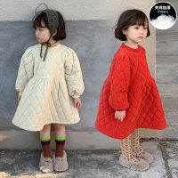 Korean style winter girls corduroy quilted warm princess dresses 3 colors plaid thicken all-match dress