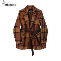 ลายสก๊อตสีสำหรับหญิงBlazer Coat Lapelคอเสื้อแขนยาวเอวสูงลดไขมันผู้หญิงCasual Coat 2023น้ำ