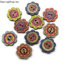 50PCS 2 Hole Dark Mixed Flower Wood Buttons Sewing Scrapbooking Decor Home Clothing Handmade DIY 20mm Haberdashery