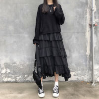 HOUZHOU Black Long Skirts Women Gothic High Low Ruched Ruffle High Waisted Asymmetrical Midi Skirt Korean Fashion Goth Grunge