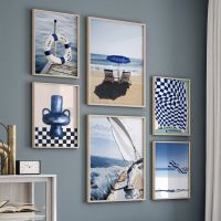 บทคัดย่อ Living Room Decor พิมพ์ภาพวาดผ้าใบภาพ Home Salon โปสเตอร์-Blue Sea Sunshine Beach สีขาวเรือใบแจกัน Wall Art