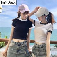 เสื้อครอปแขนสั้น LuFashion สำหรับผู้หญิงเสื้อยืดลำลองสั้นเข้ารูปสไตล์เกาหลีฤดูร้อน