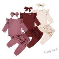 【hot sale】 ┋ C10 Flyman 2020 Spring Newborn Kids Baby Girl Clothing Sets Knitted Top Long Sleeve Romper Ruffle Pants Headband 3pcs set