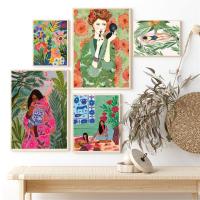 Tropical Boho Girl Bus Plant ดอกไม้บทคัดย่อ Wall Art ภาพวาดผ้าใบโปสเตอร์และพิมพ์สำหรับตกแต่งห้องนั่งเล่น