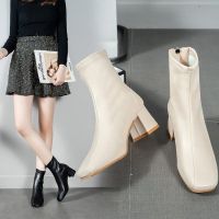 CODxdrrf5157 【6CM Heel】Fashionable Square Head Back Zipper Short Tube High Heel Boots