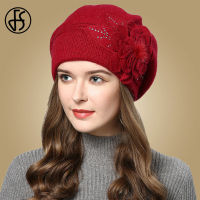 FS Women Berets Knitted Wool Hats Winter Flowers Warm Female Cap Girls Beanies Rabbit Fur Hat Gorros Bonnet Femme Hiver