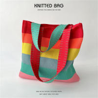 Knitted Tote Bag Commuting Handbag Handwoven Shoulder Bag New Knitted Shoulder Bag Rainbow Handbag Stripes Handbag