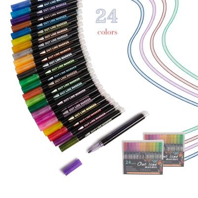 12/24 Colors Double Line Markers Outline Pen Glitter Writing Drawing Doodle Dazzle Line Paint Pens for DIY Card Posters Painting